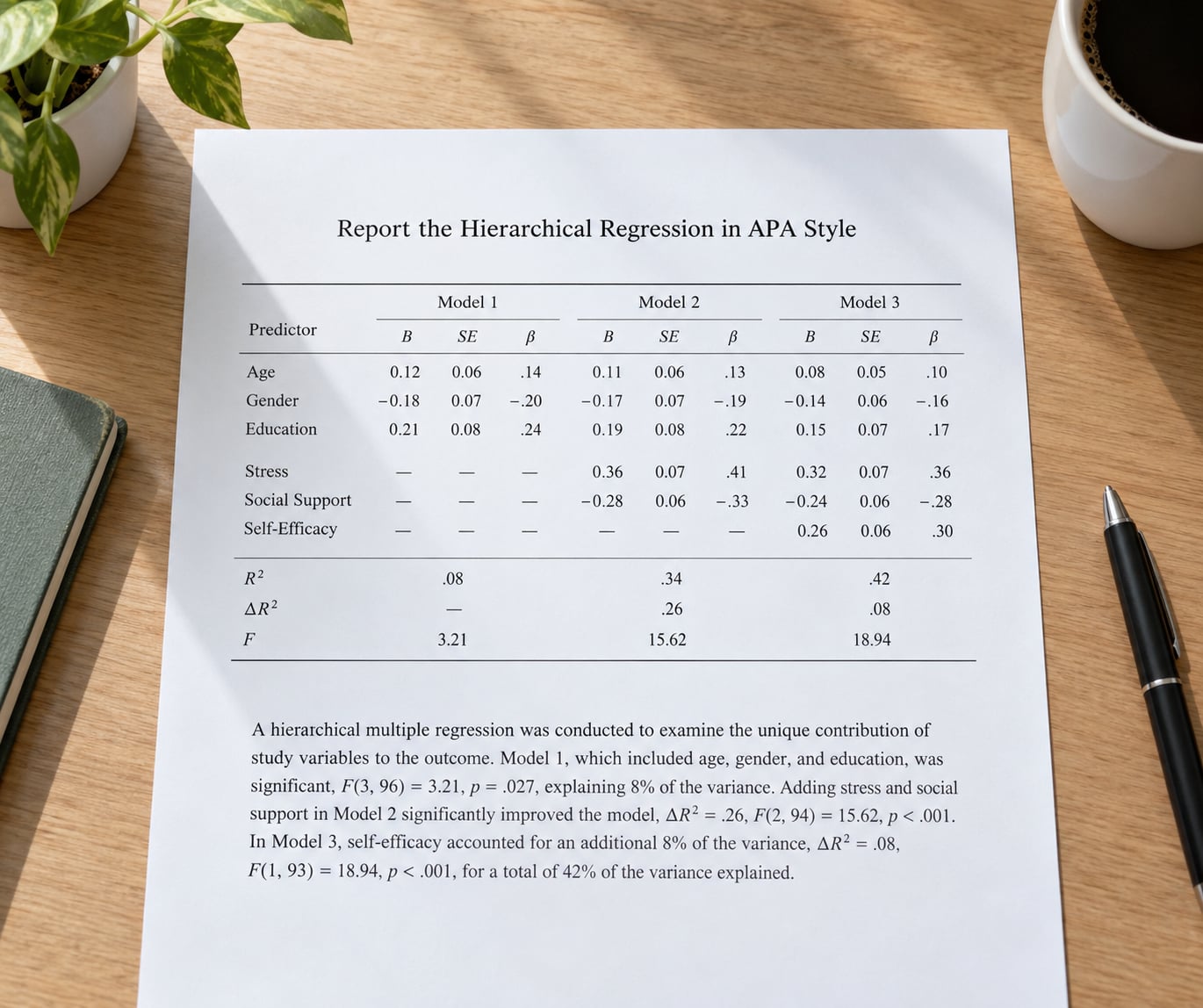 Report the Hierarchical Regression in APA Style